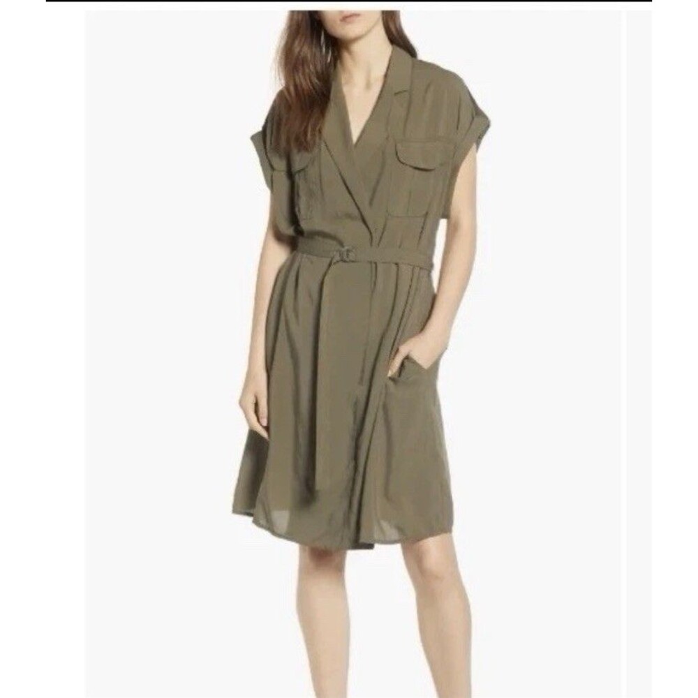 AG Adriano Goldschmied Olive Green Shirt Dress Small Silky Utility Safari Midi